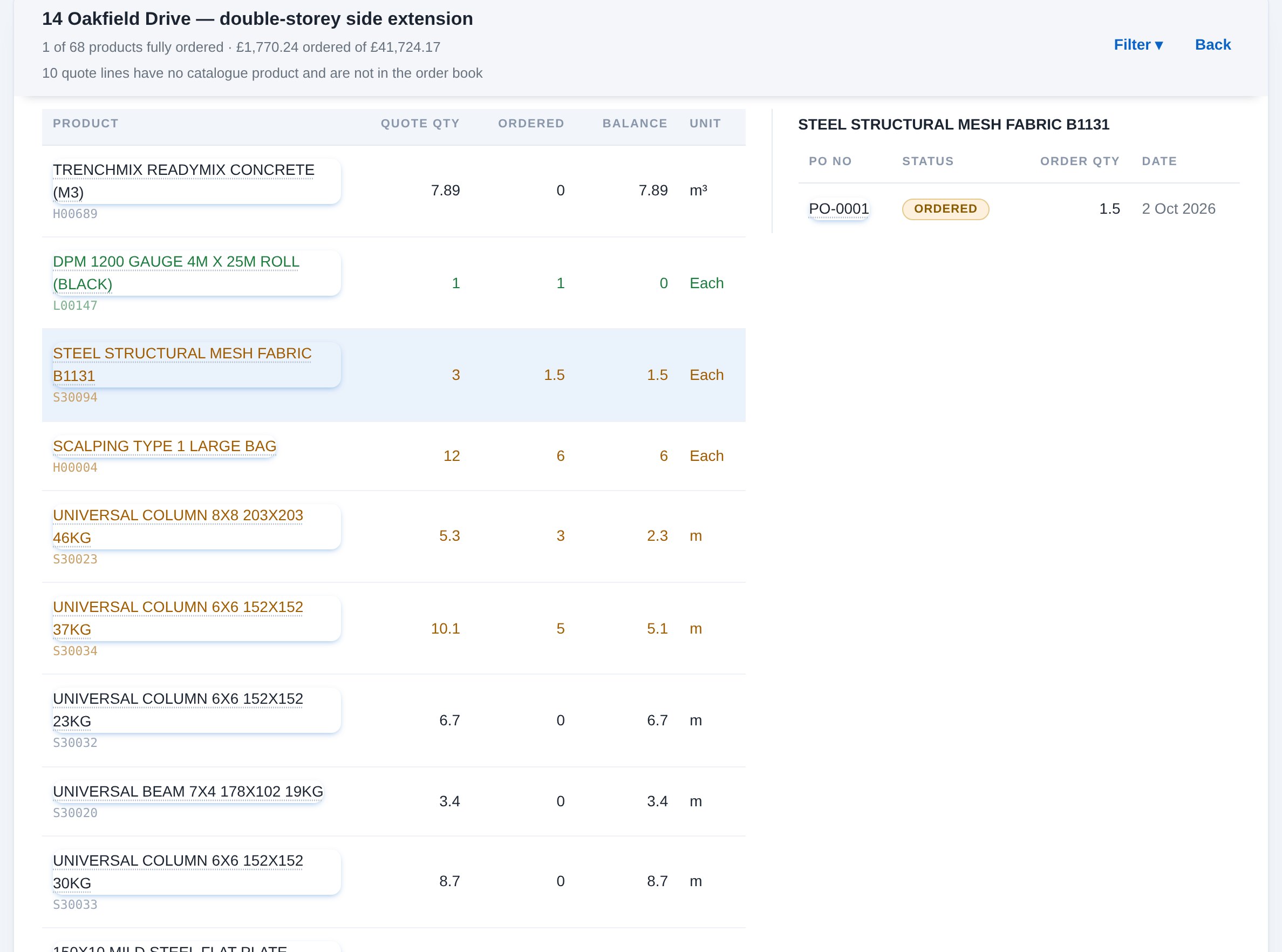 The Order Book: a job's quoted products with ordered quantity and balance, green once fully ordered