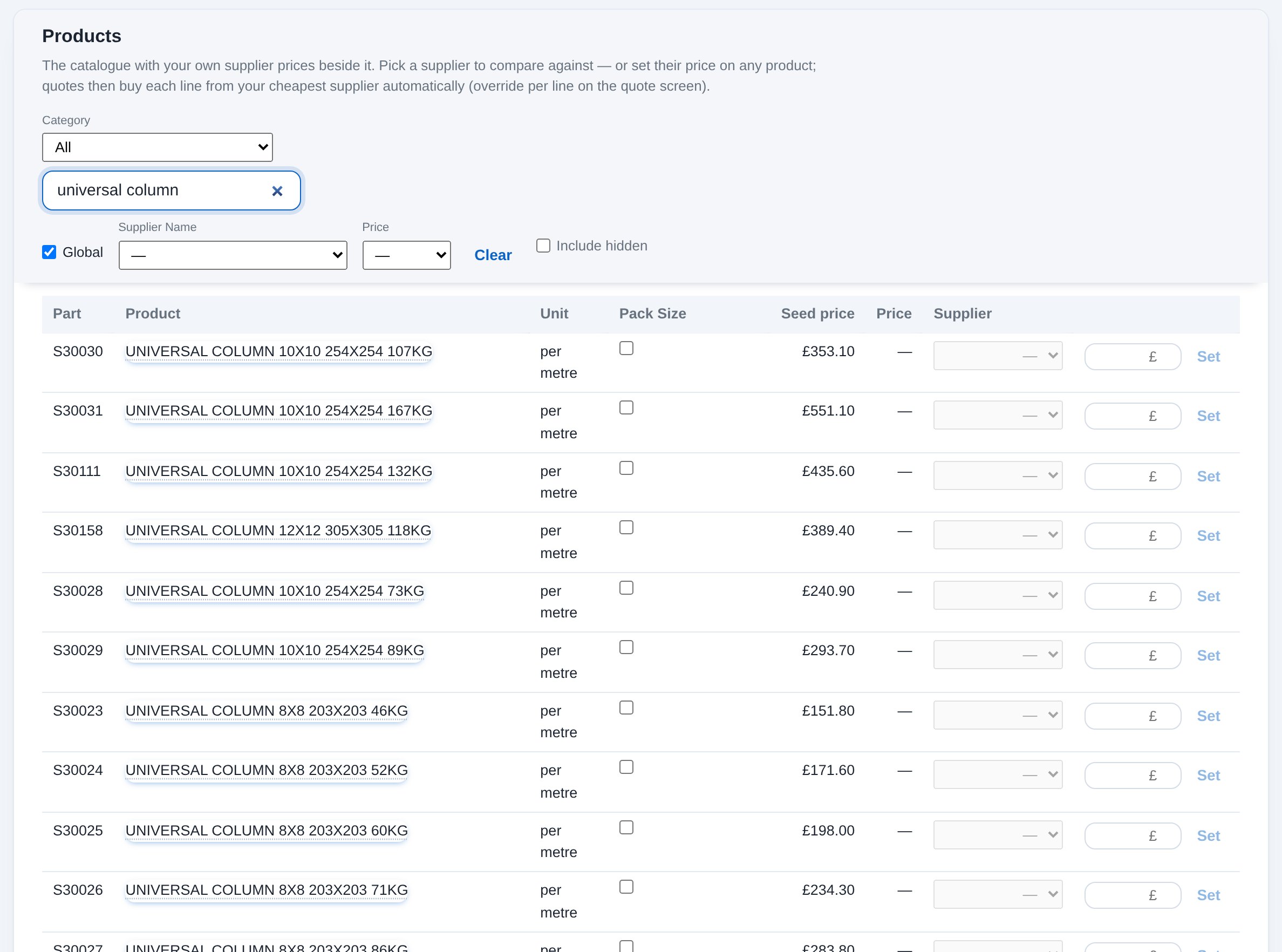 The Products page: catalogue products with trade price, pack size and your own price
